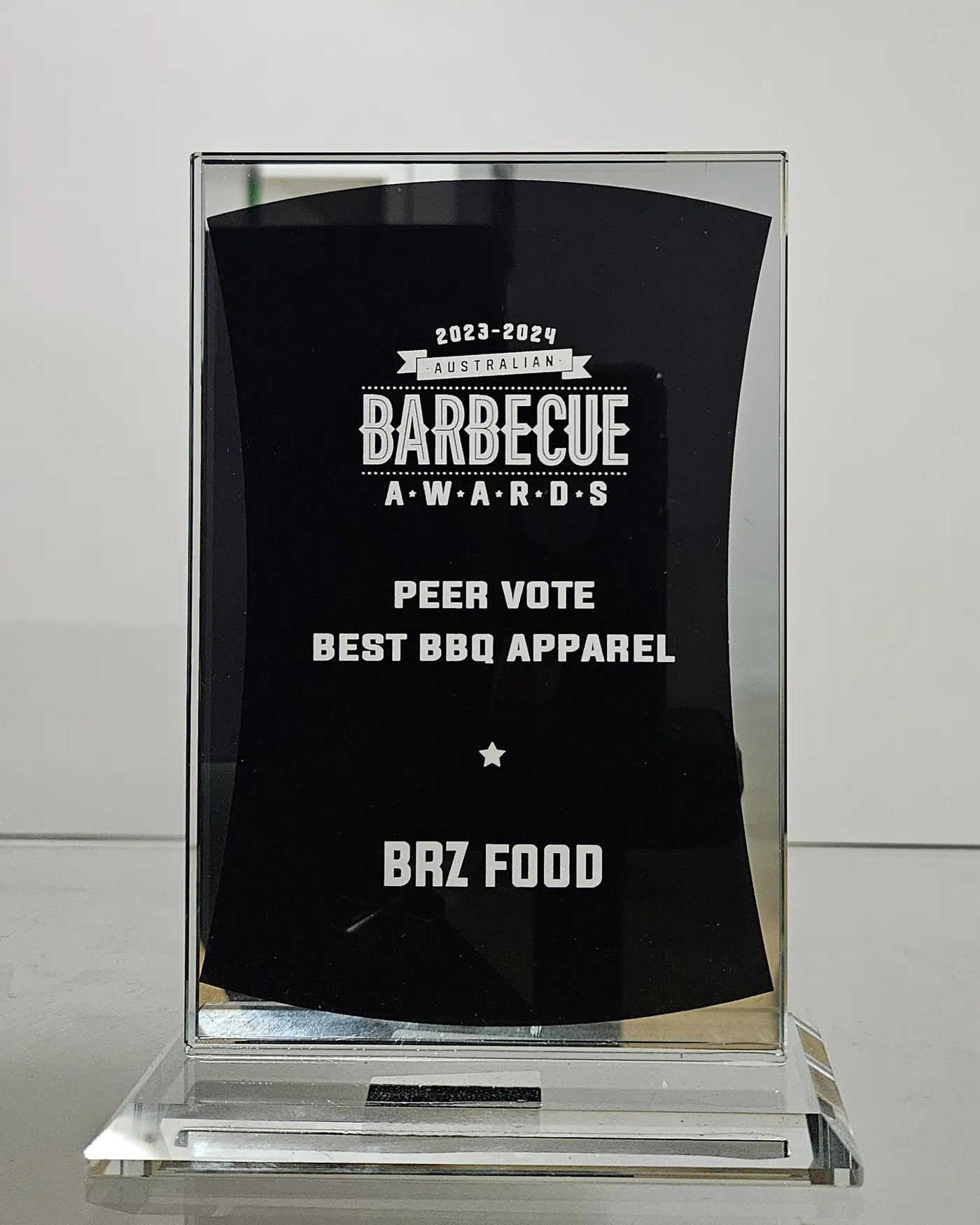 The Australian Barbecue Awards 2023-2024 trophy, engraved Peer Vote, Best BBQ Apparel, BRZ Food