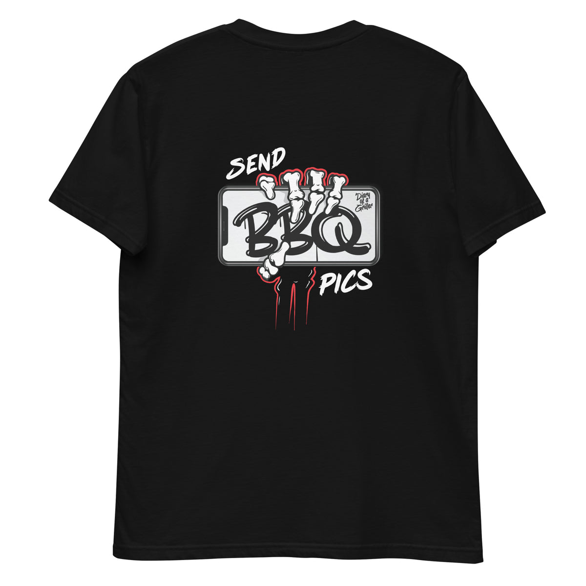 Back of the black tee laid flat, SEND BBQ PICS in chrome block letters torn by red claw marks