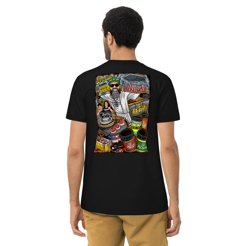 Man wearing the black tee seen from behind, the full illustration across his back