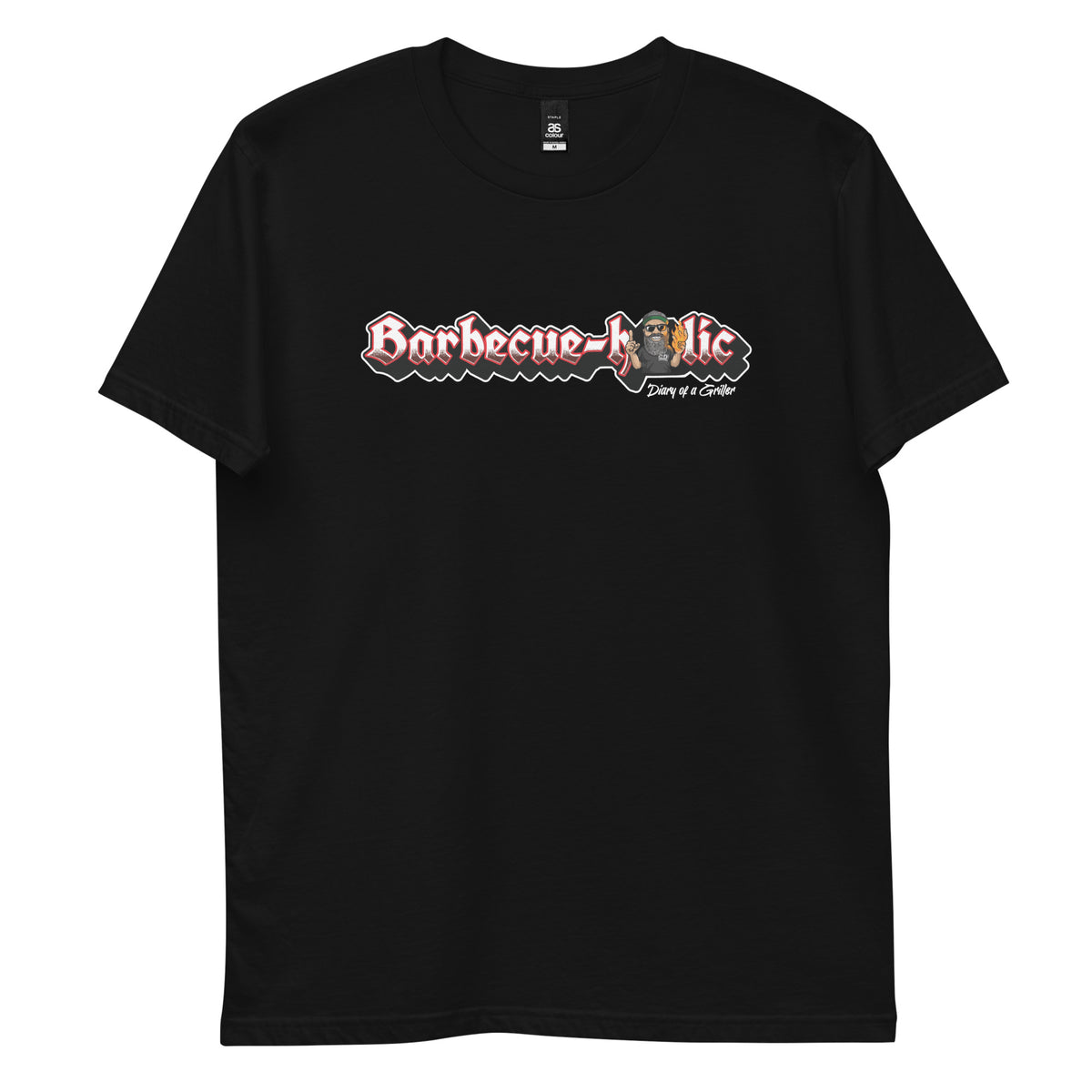 Front of the black tee laid flat, Barbecue-holic set in a wide red and white banner across the chest