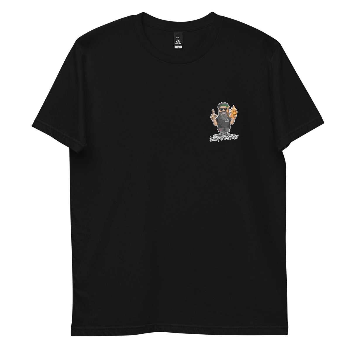 Front of the same tee laid flat, with a small badge printed on the left chest