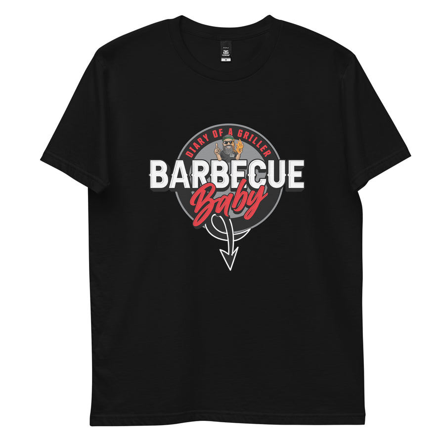 Front of the black tee laid flat, BARBECUE in white block capitals over Baby in red script, inside a skewer shaped badge