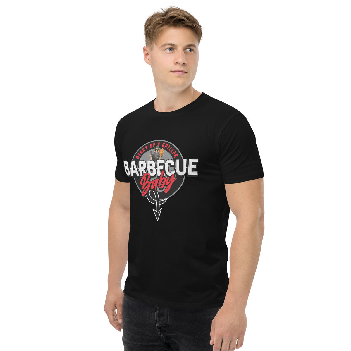 The same tee from a three quarter angle, showing how the print sits on the body