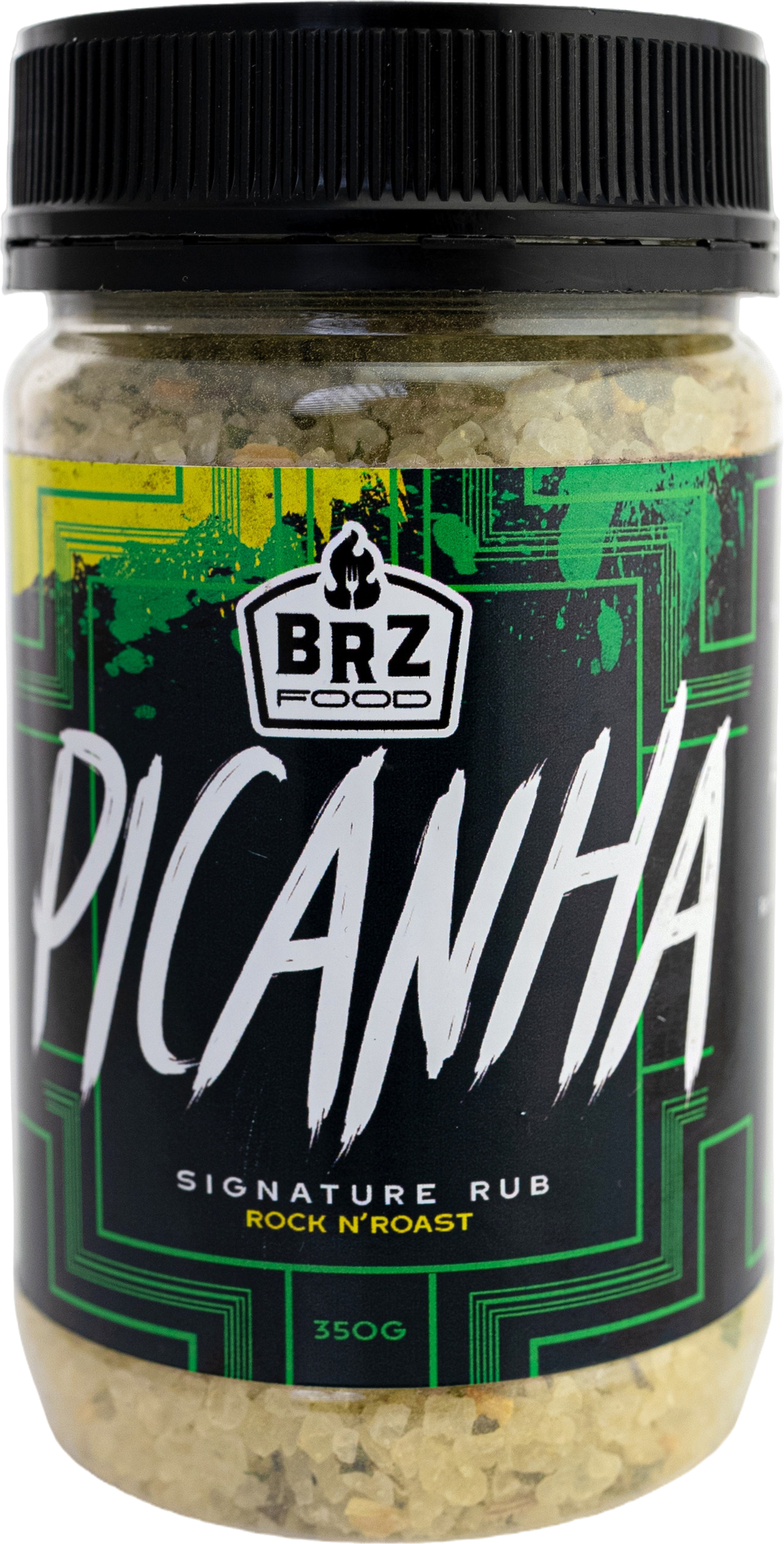 Picanha Signature Rub jar, coarse salt with herbs visible through the glass