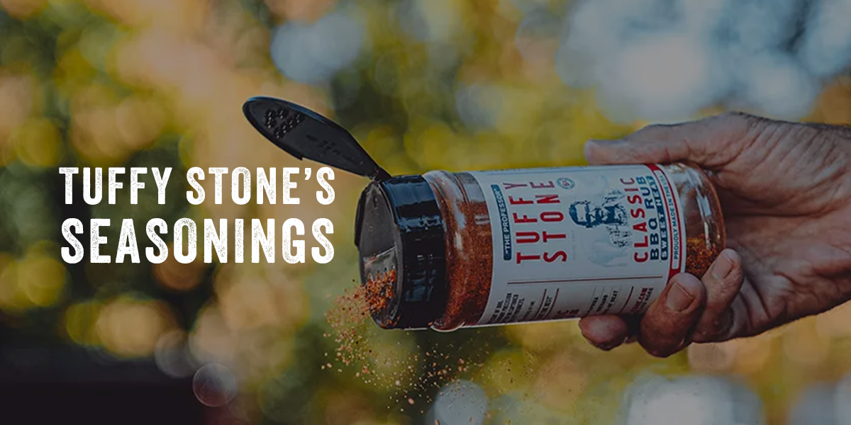 Tuffy Stone Classic BBQ Rub being poured from bottle for grilling and barbecue