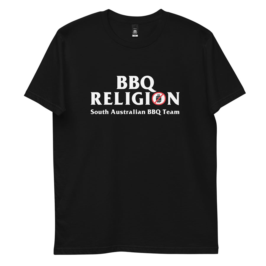 Front of the black tee laid flat, BBQ RELIGION printed across the chest above the line South Australian BBQ Team