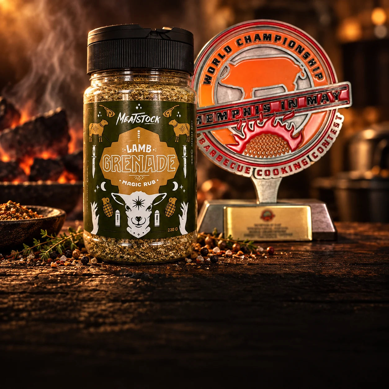 Campaign recreation of Lamb Grenade beside the Memphis in May trophy